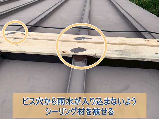 ビスの上からシーリング材をかぶせて防水対策をした